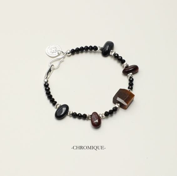 Natural Tiger's Eye & Black Tourmaline Bracelet | 925 Sterling Silver