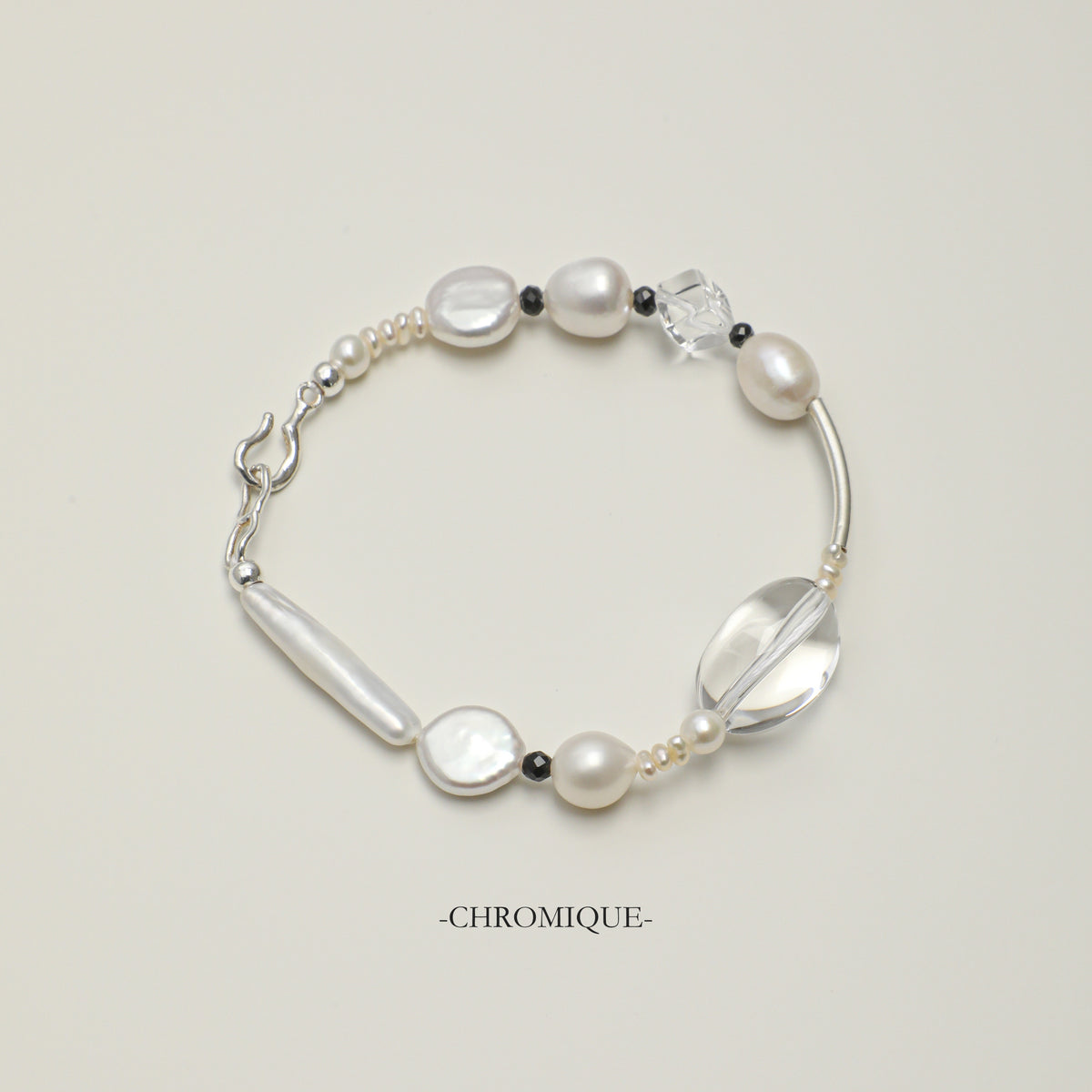 Freshwater Pearl & Clear Quartz Bracelet with Black Tourmaline