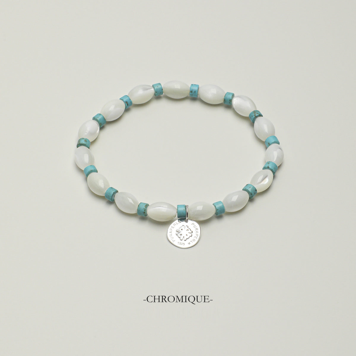 White Shell Bead & Green Agate Bracelet | Silver Tag