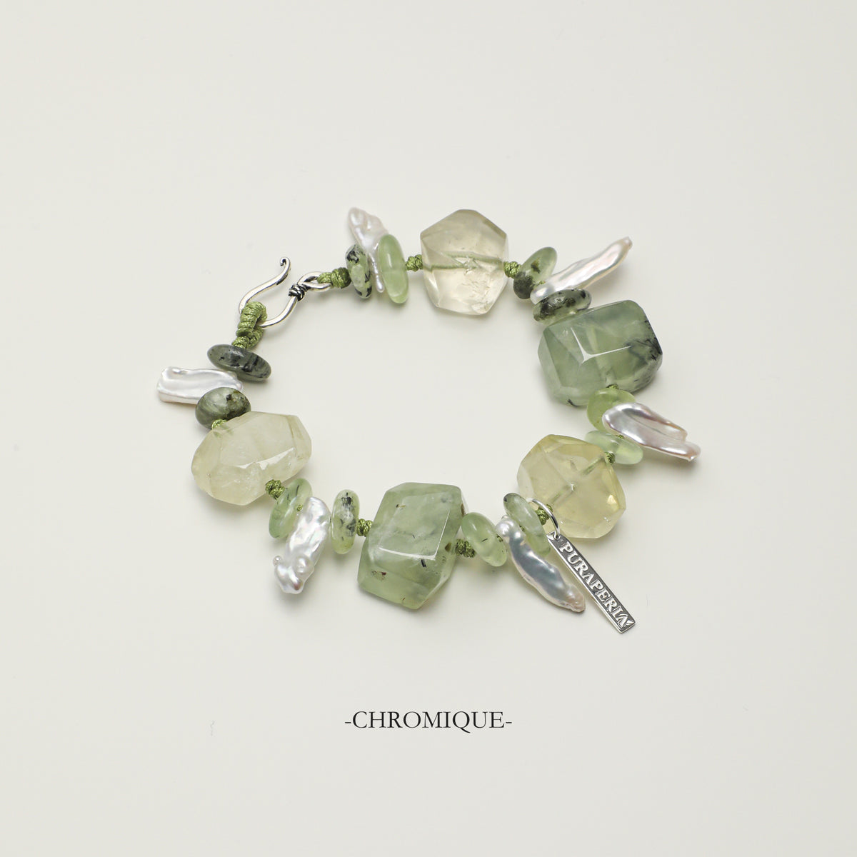 Prehnite & Citrine Bracelet with Baroque Pearls | Silver Accents