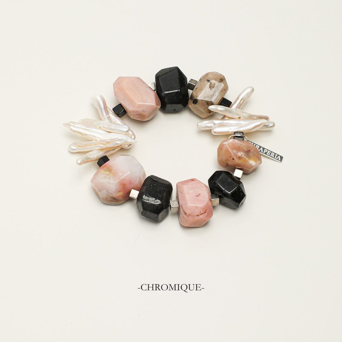 Pink Opal & Black Onyx Bracelet with Baroque Pearl | Natural Gemstones