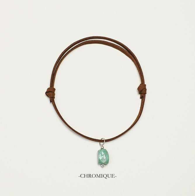 Adjustable Leather Pet Necklace with Replaceable Natural Stone Pendant | 925 Sterling Silver