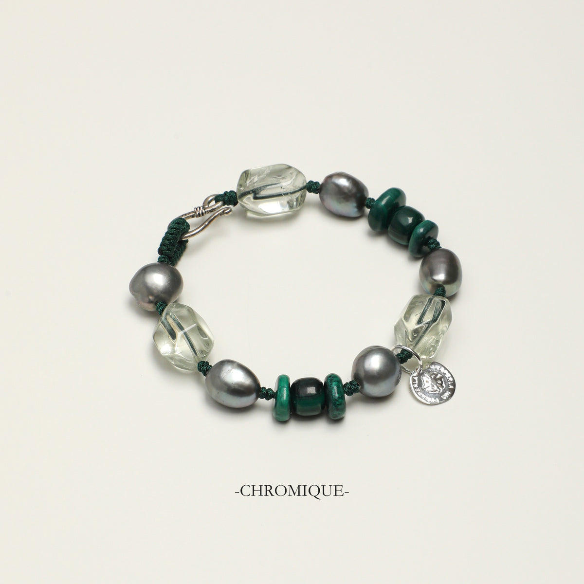 Malachite & Gray Baroque Pearl Bracelet | Silver Accents