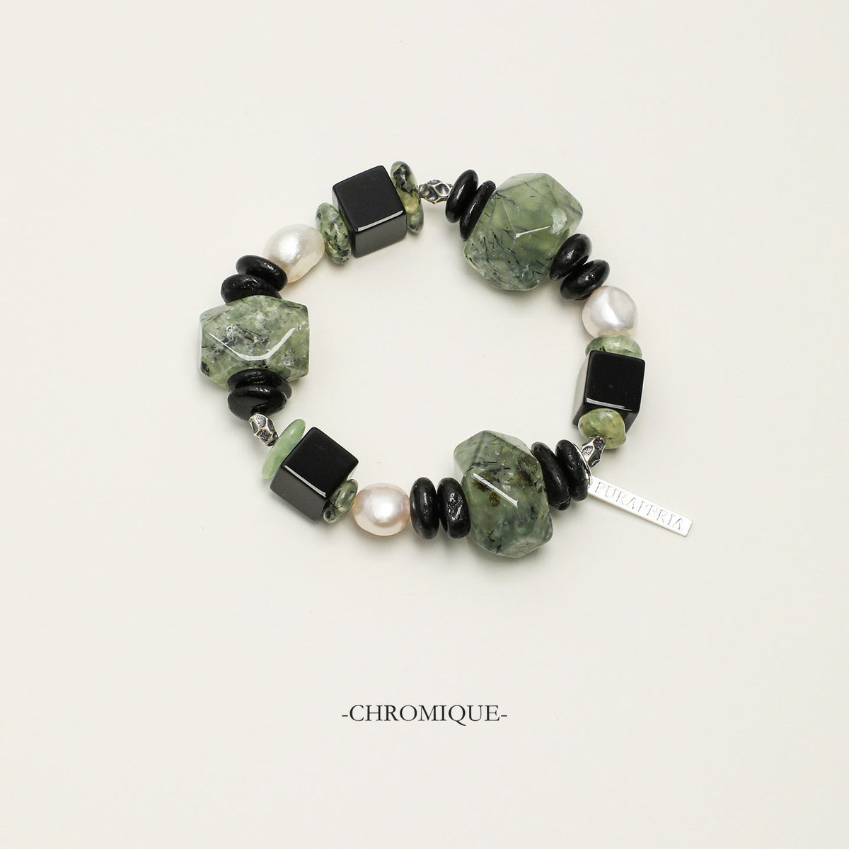 Prehnite, Black Onyx & Black Tourmaline Bracelet with Baroque Pearl