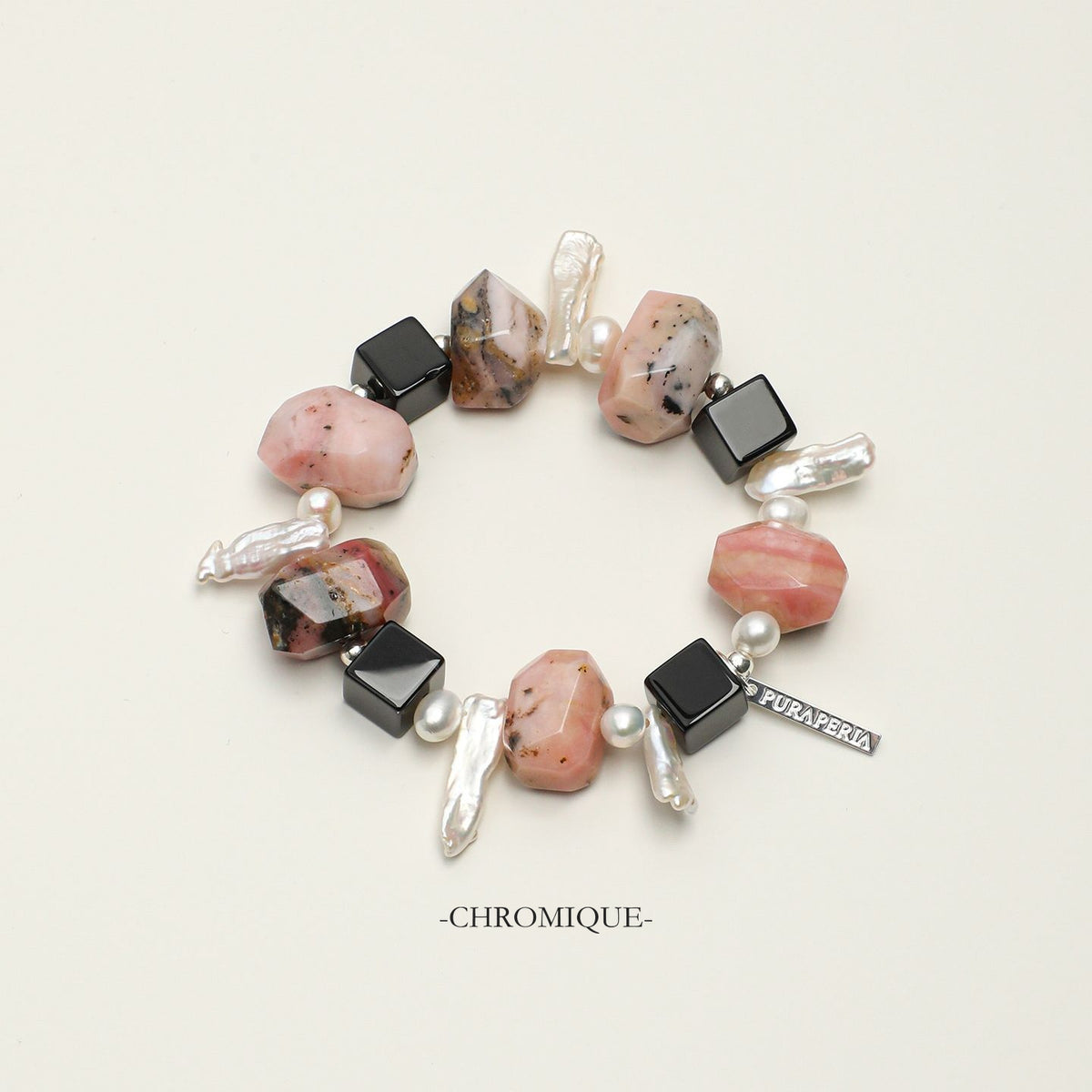 Pink Opal & Black Onyx Bracelet with Baroque Pearls | 925 Sterling Silver